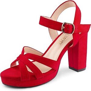 Merumote Size 9.5 Sandals High Heel Red Suede Open-Toe Pumps Adjustable Buckle